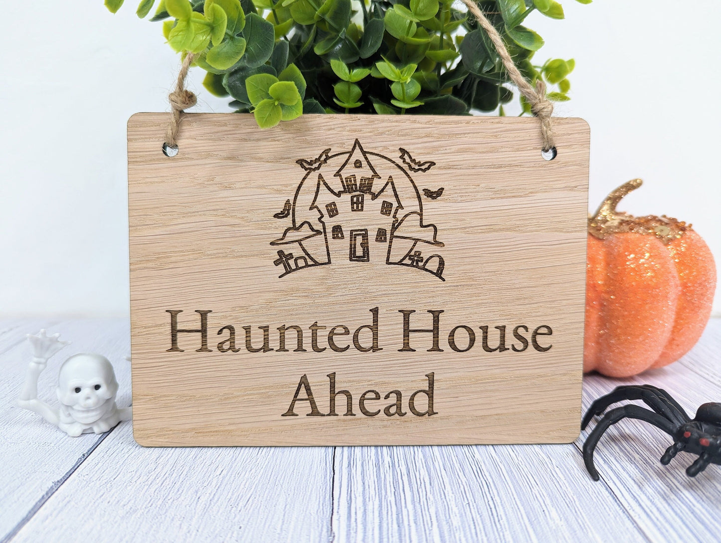 Personalised Halloween Wooden Sign with Haunted House Design - 'Haunted House Ahead