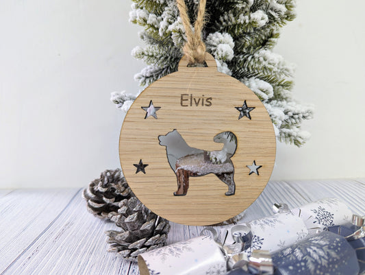 Personalised Husky Christmas Bauble in Oak Veneer MDF - Rustic Jute String - Stars or Hearts Cut-Out