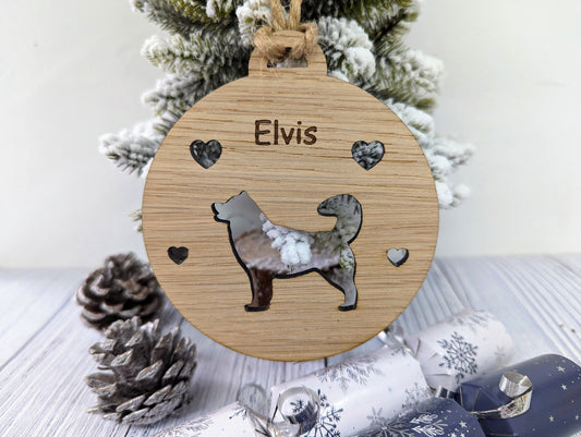 Personalised Husky Christmas Bauble in Oak Veneer MDF - Rustic Jute String - Stars or Hearts Cut-Out