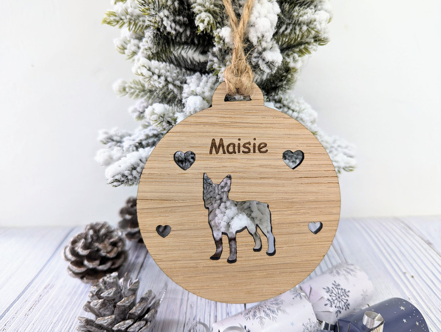 Personalised Boston Terrier Christmas Bauble in Oak Veneer MDF - Rustic Jute String - Stars or Hearts Cut-Out