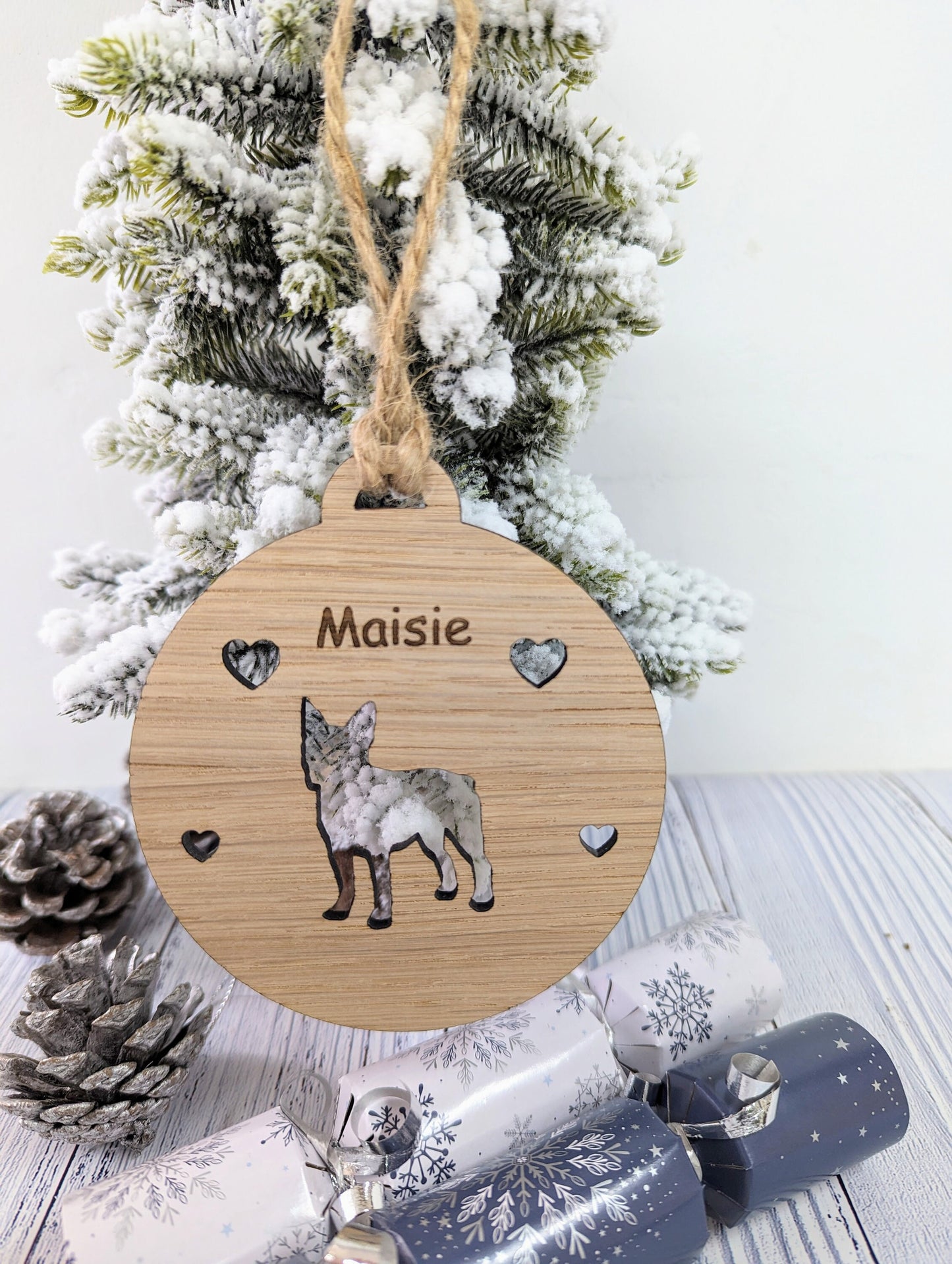 Personalised Boston Terrier Christmas Bauble in Oak Veneer MDF - Rustic Jute String - Stars or Hearts Cut-Out