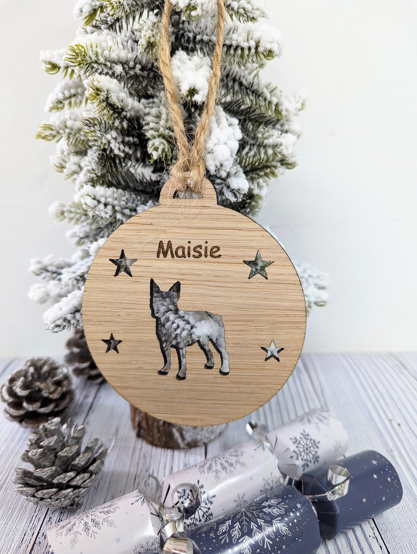 Personalised Boston Terrier Christmas Bauble in Oak Veneer MDF - Rustic Jute String - Stars or Hearts Cut-Out