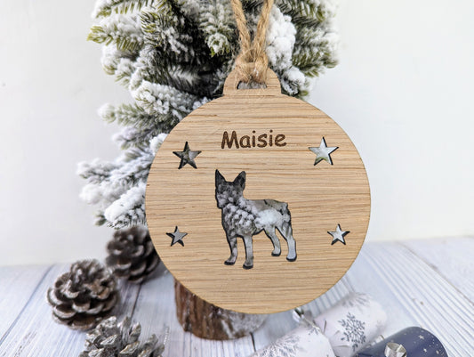 Personalised Boston Terrier Christmas Bauble in Oak Veneer MDF - Rustic Jute String - Stars or Hearts Cut-Out