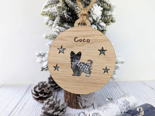 Personalised Yorkshire Terrier Christmas Bauble in Oak Veneer MDF - Rustic Jute String - Stars or Hearts Cut-Out - Yorkie Gift