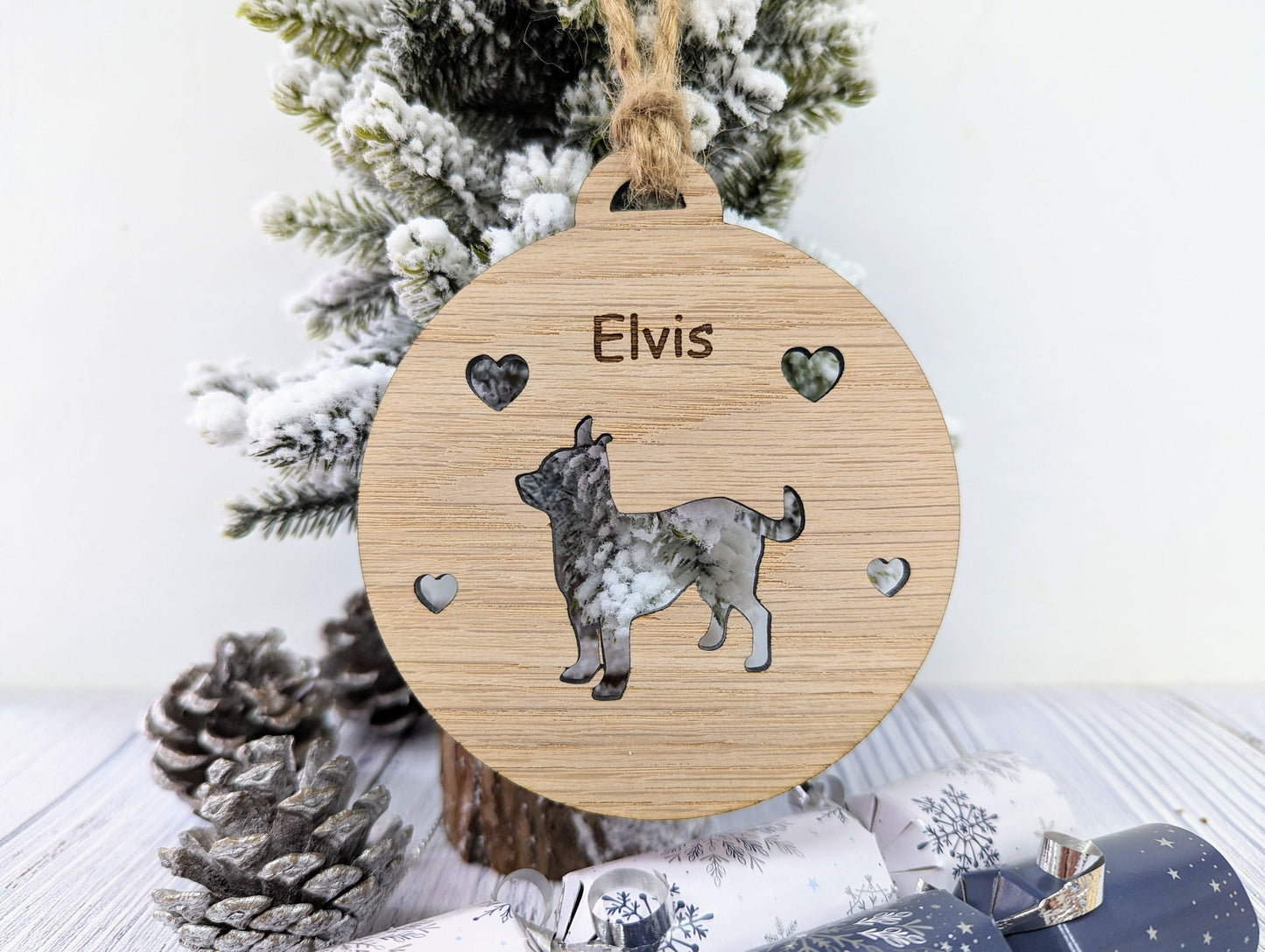 Personalised Chihauhua Christmas Bauble in Oak Veneer MDF - Rustic Jute String - Stars or Hearts Cut-Out - Chihauhua Gift