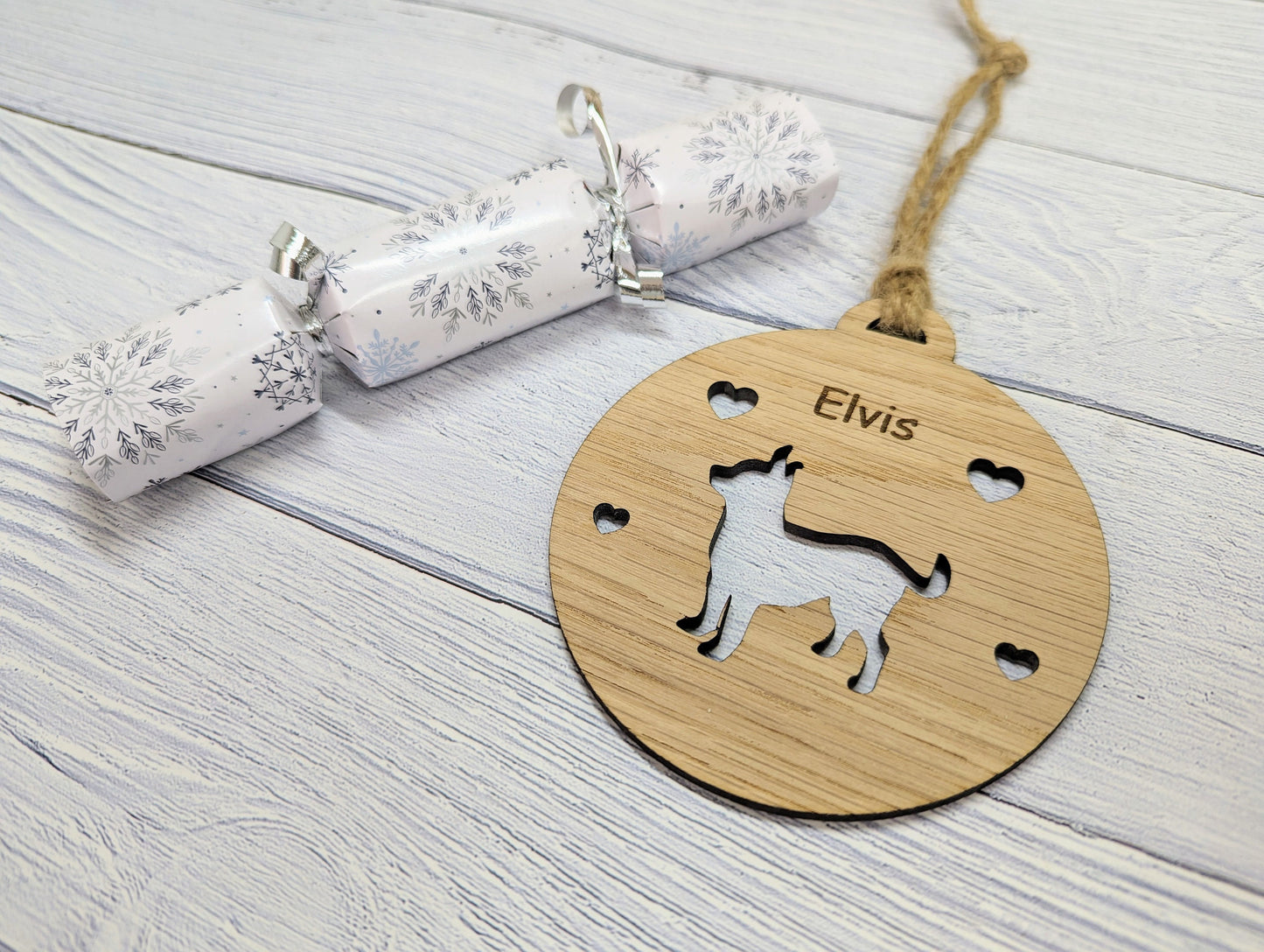 Personalised Chihauhua Christmas Bauble in Oak Veneer MDF - Rustic Jute String - Stars or Hearts Cut-Out - Chihauhua Gift