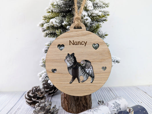 Personalised Pomeranian Christmas Bauble in Oak Veneer MDF - Rustic Jute String - Stars or Hearts Cut-Out - Pomeranian Gift