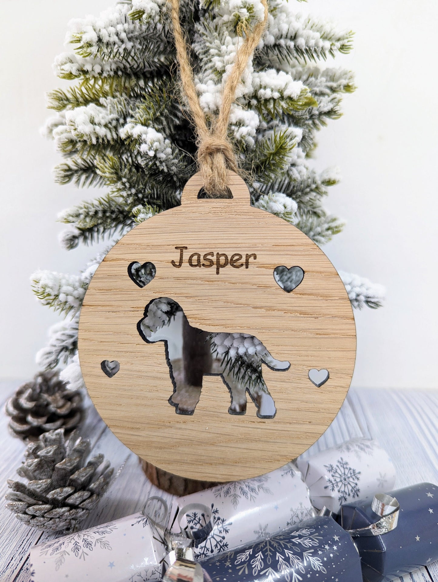 Personalised Cockapoo Christmas Bauble in Oak Veneer MDF - Rustic Jute String - Stars or Hearts Cut-Out - Cockapoo Gift