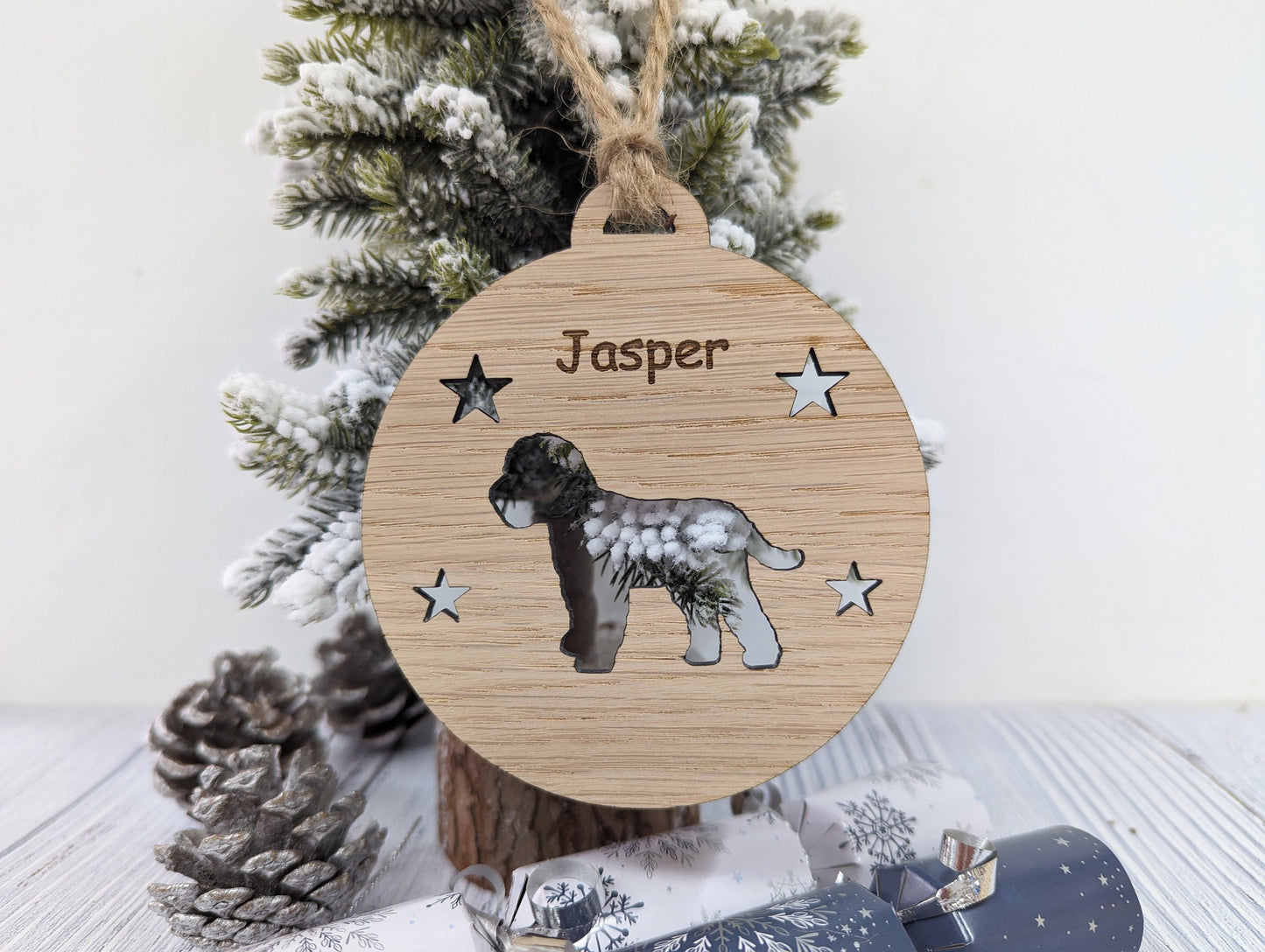 Personalised Cockapoo Christmas Bauble in Oak Veneer MDF - Rustic Jute String - Stars or Hearts Cut-Out - Cockapoo Gift