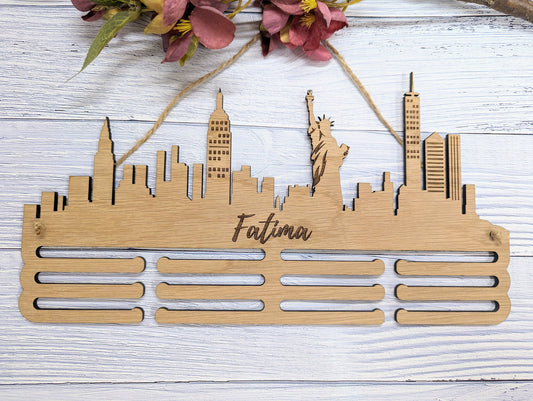 Personalised New York Skyline Wooden Medal Hanger | Engraved Sports Medal Display | Oak Veneer, Marathon Runner, Athlete etc