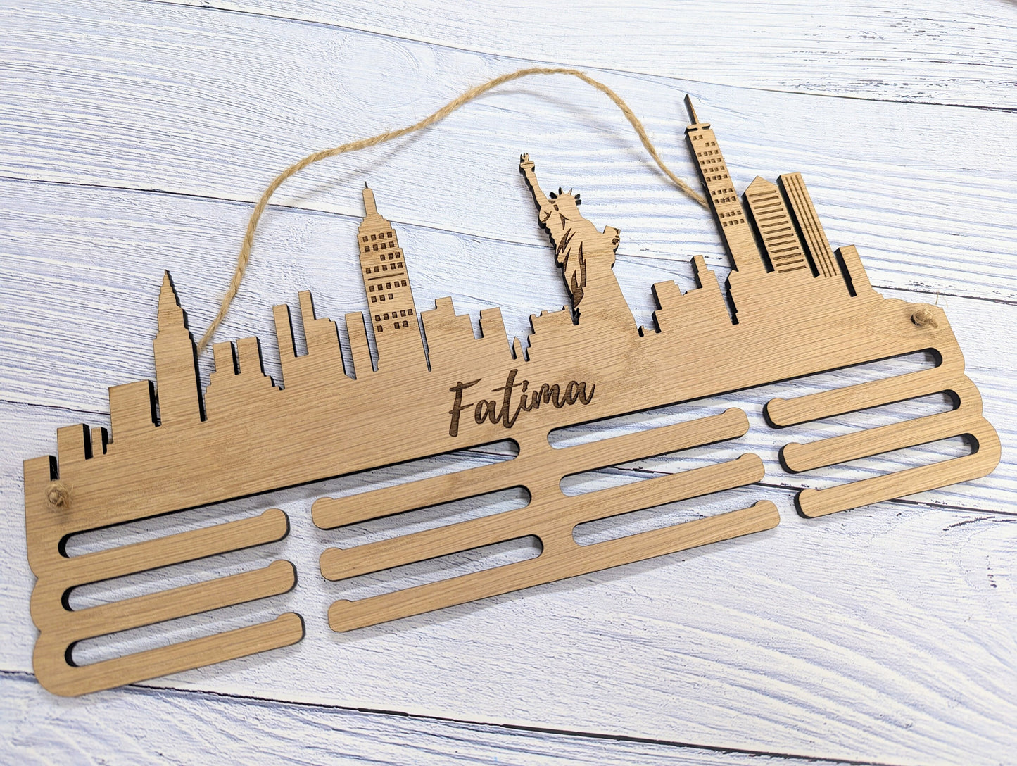 Personalised New York Skyline Wooden Medal Hanger | Engraved Sports Medal Display | Oak Veneer, Marathon Runner, Athlete etc