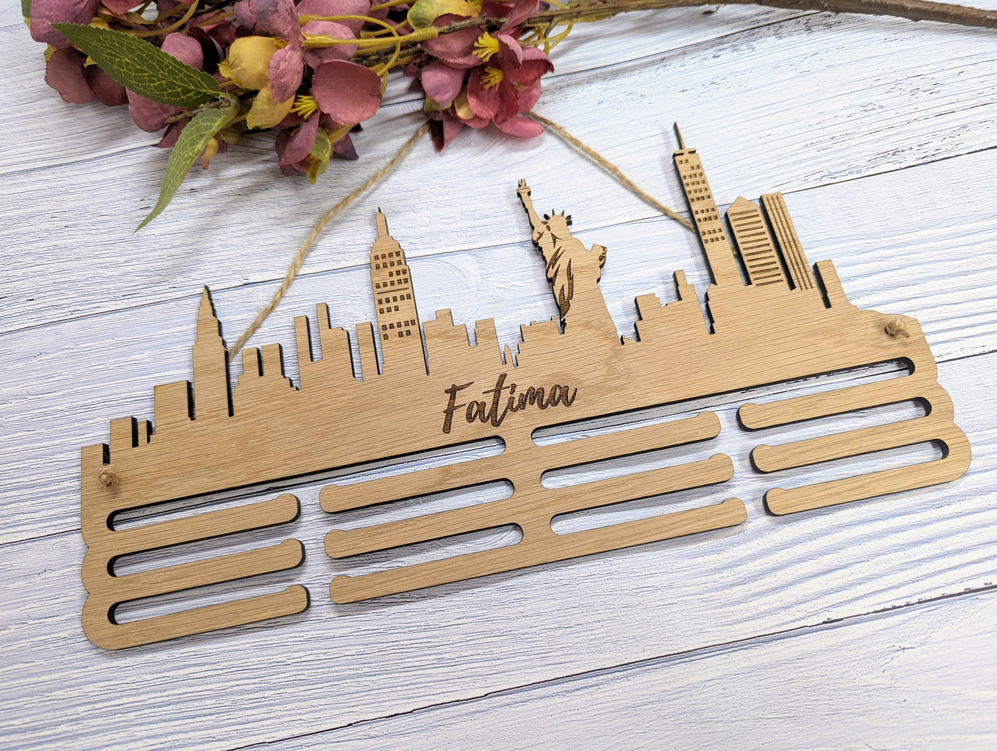 Personalised New York Skyline Wooden Medal Hanger | Engraved Sports Medal Display | Oak Veneer, Marathon Runner, Athlete etc