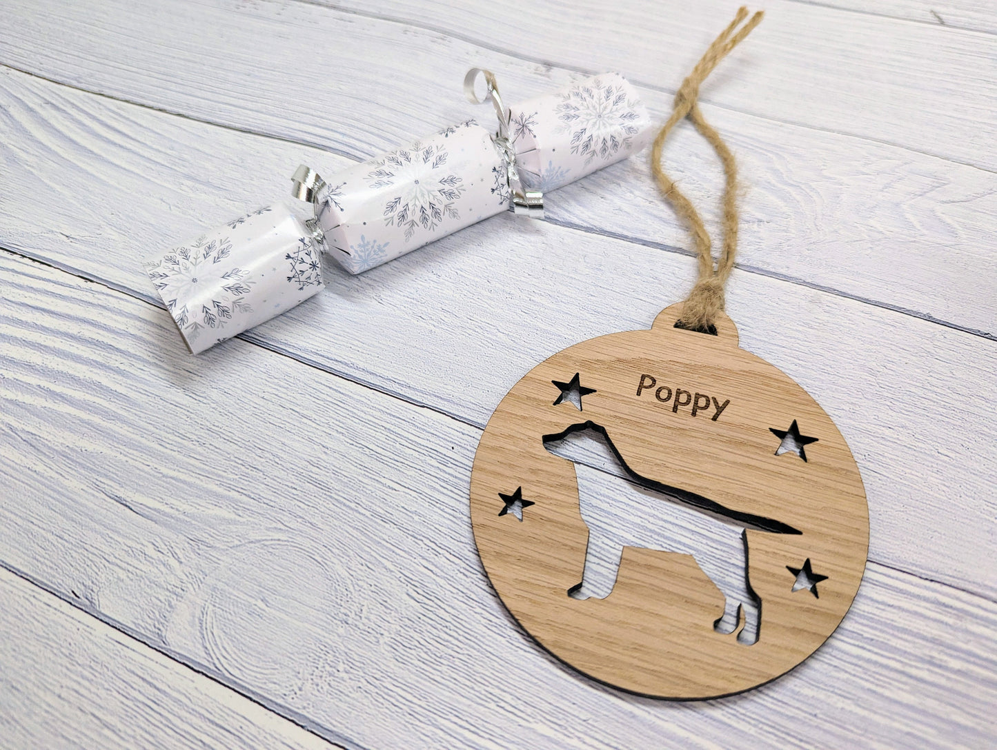 Personalised Labrador Christmas Bauble in Oak Veneer MDF - Rustic Jute String - Stars or Hearts Cut-Out - Labrador Gift