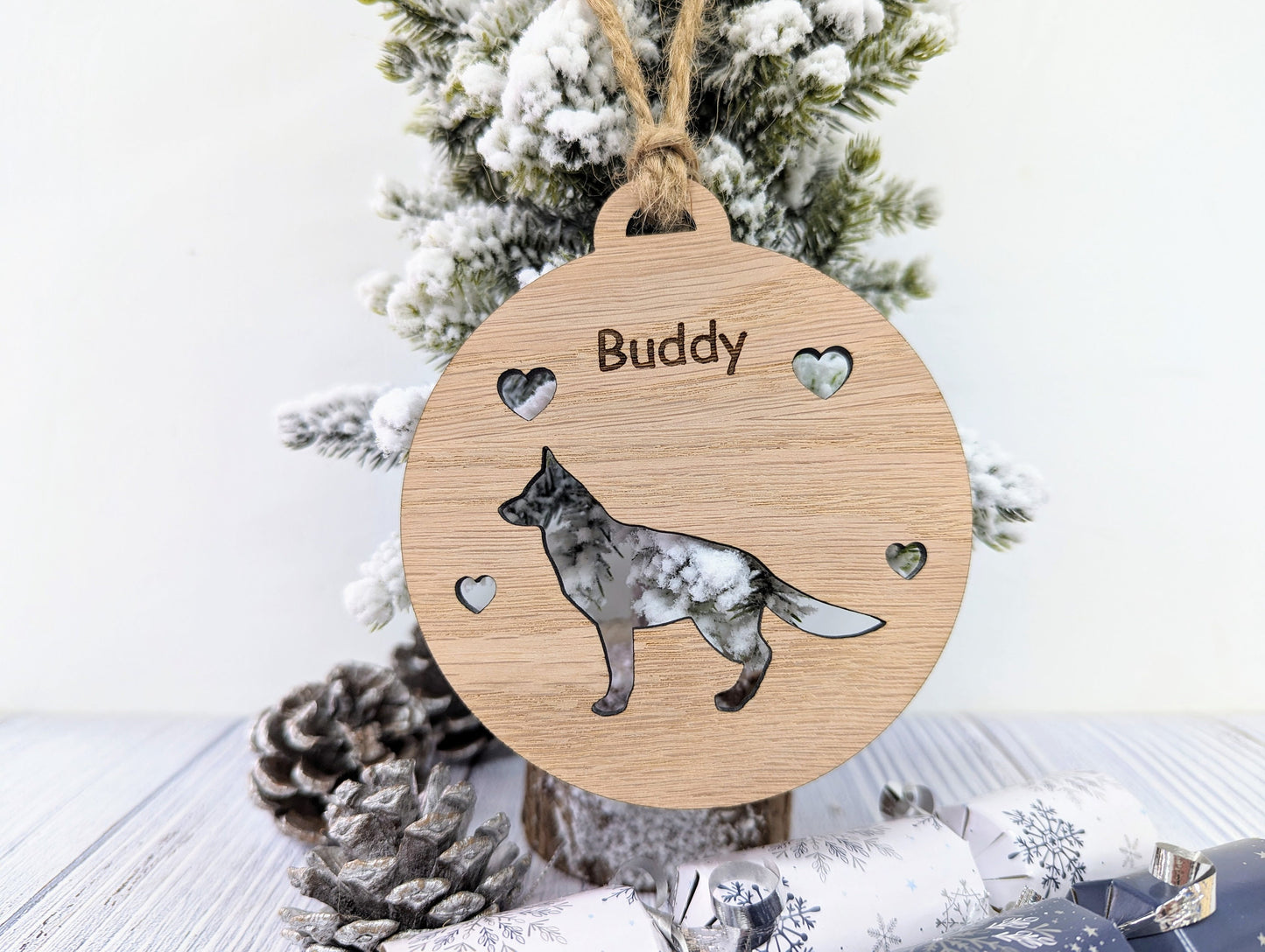 Personalised German Shepherd Christmas Bauble in Oak Veneer MDF - Rustic Jute String - Stars or Hearts Cut-Out - German Shepherd Gift