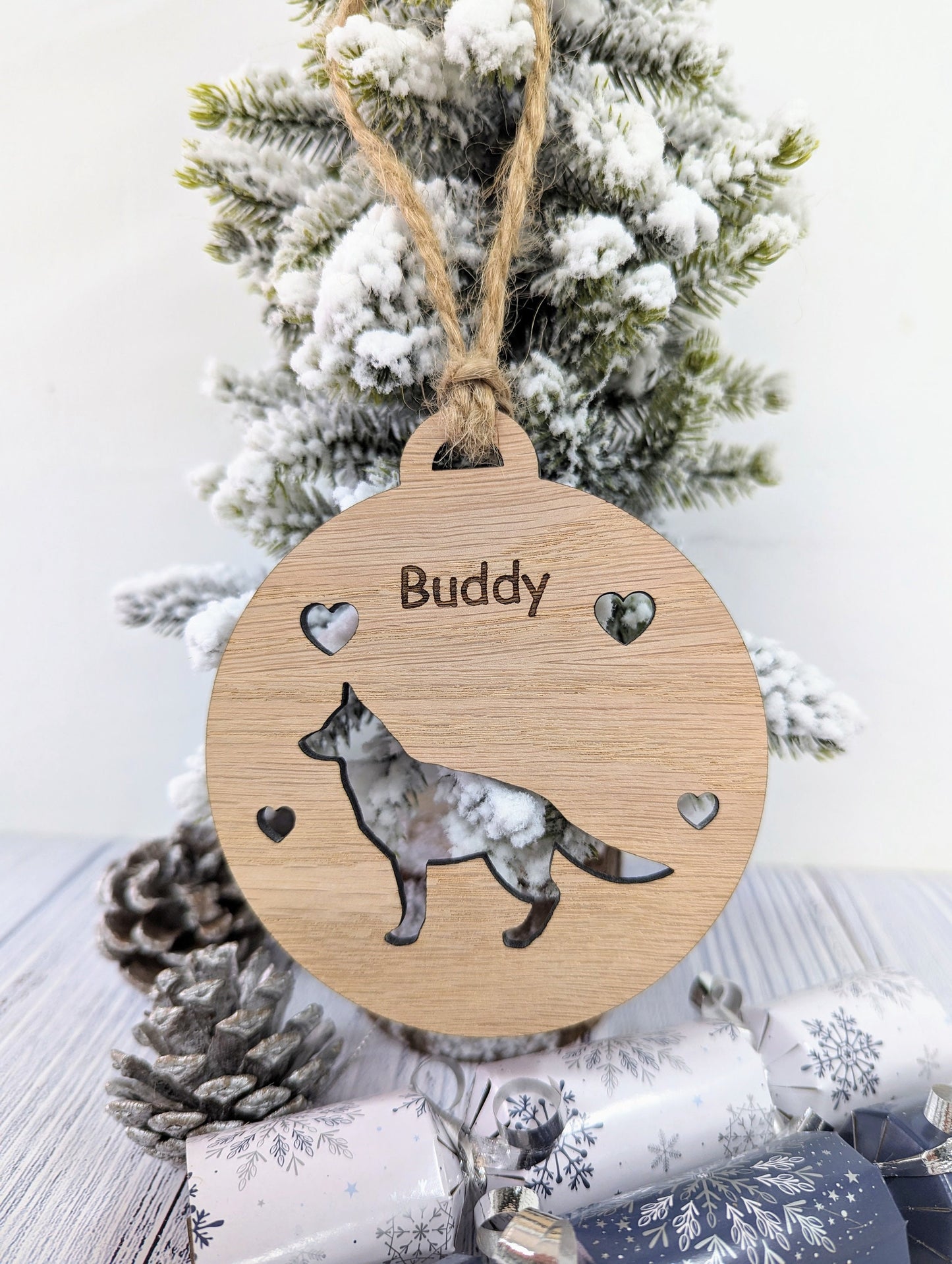 Personalised German Shepherd Christmas Bauble in Oak Veneer MDF - Rustic Jute String - Stars or Hearts Cut-Out - German Shepherd Gift