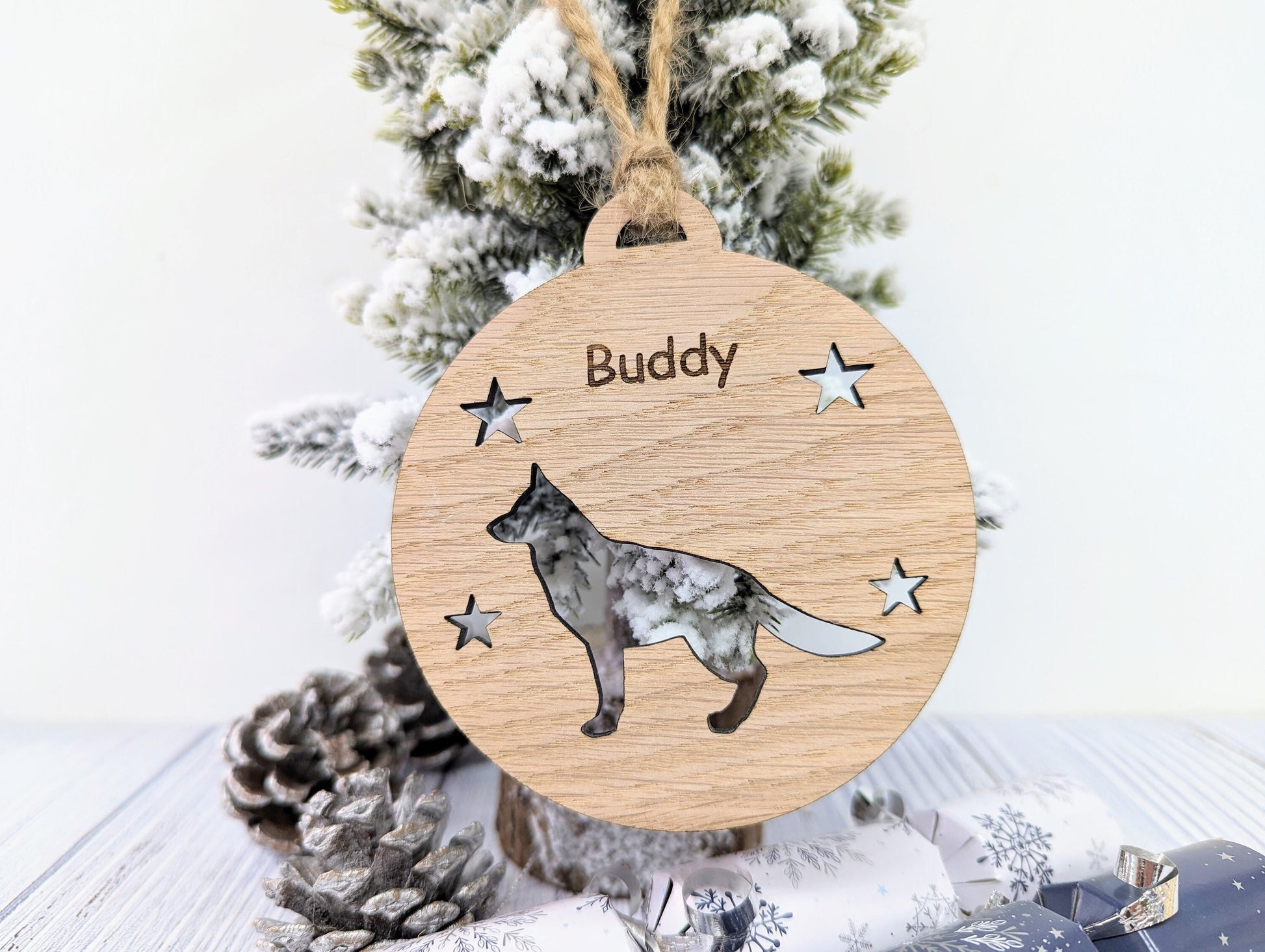 Personalised German Shepherd oak Christmas bauble — laser engraved with name, 100mm x 112mm