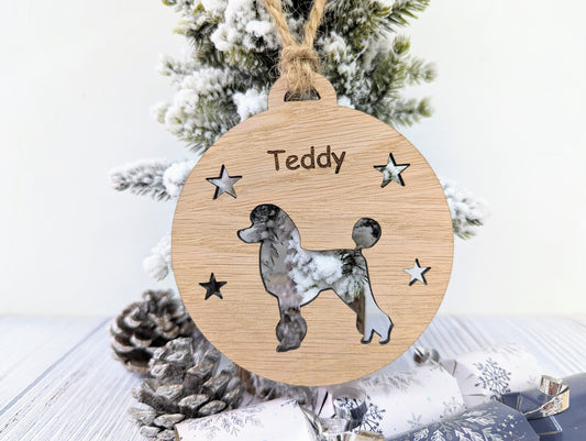 Personalised Poodle Christmas Bauble in Oak Veneer MDF - Rustic Jute String - Stars or Hearts Cut-Out - Poodle Gift