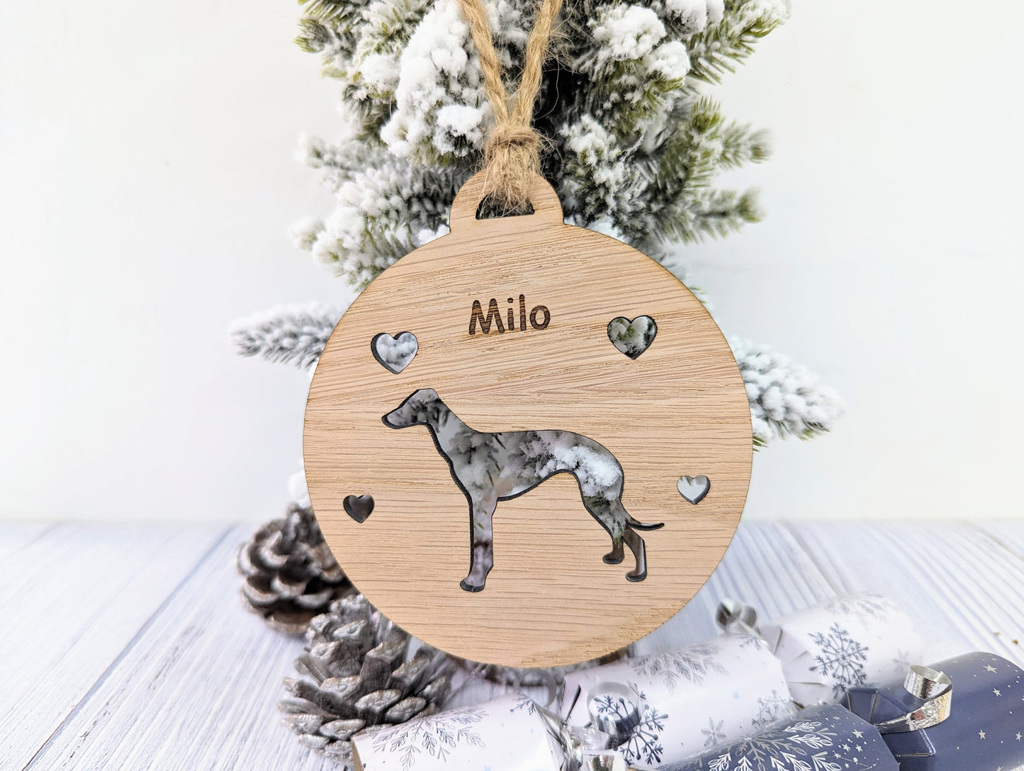 Personalised Whippet Christmas Bauble in Oak Veneer MDF - Rustic Jute String - Stars or Hearts Cut-Out - Whippet Gift