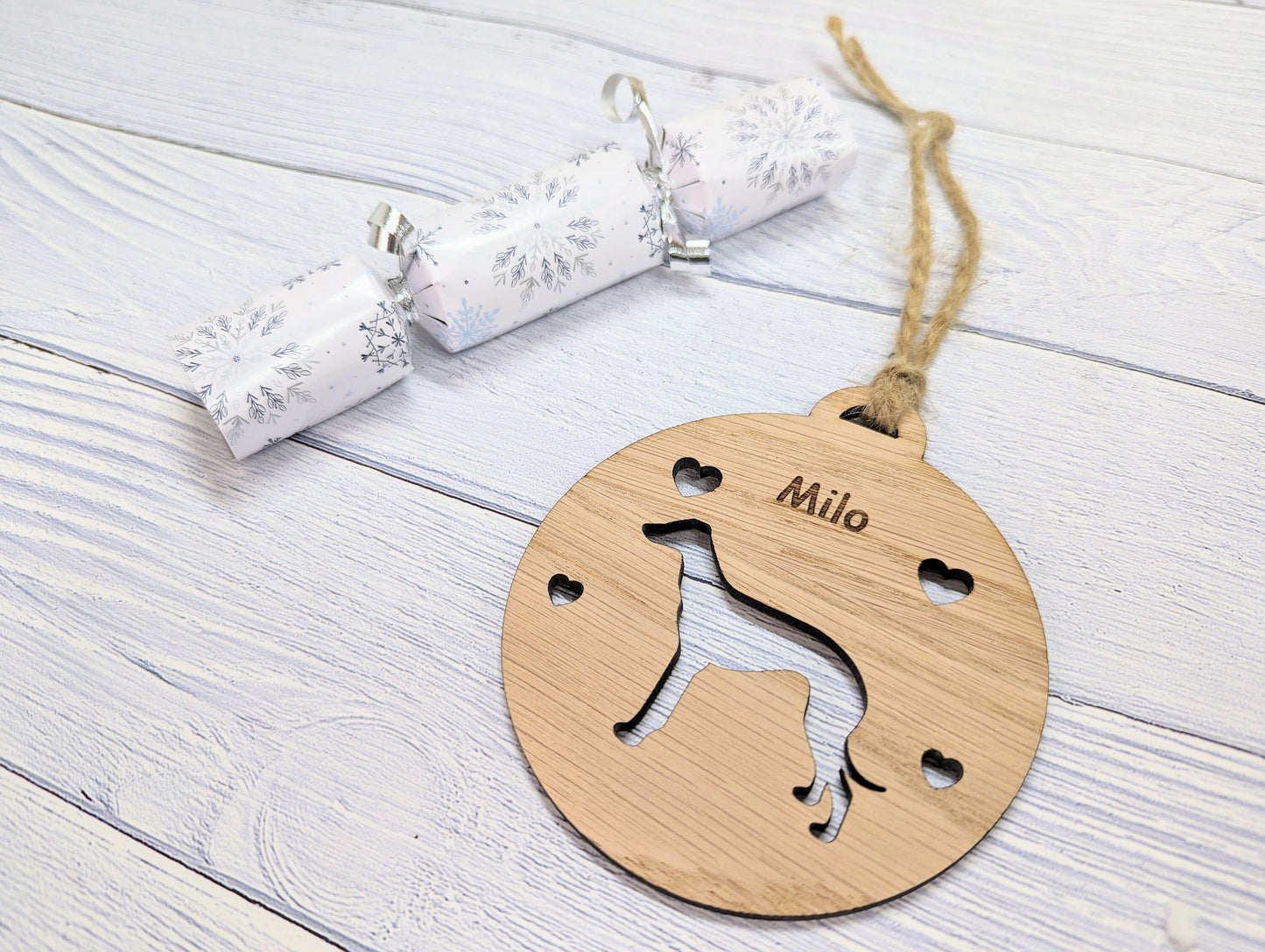 Personalised Whippet Christmas Bauble in Oak Veneer MDF - Rustic Jute String - Stars or Hearts Cut-Out - Whippet Gift