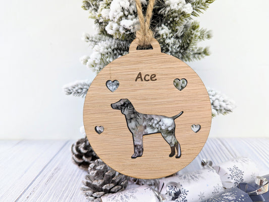 Personalised Pointer Christmas Bauble in Oak Veneer MDF - Rustic Jute String - Stars or Hearts Cut-Out - Pointer Gift