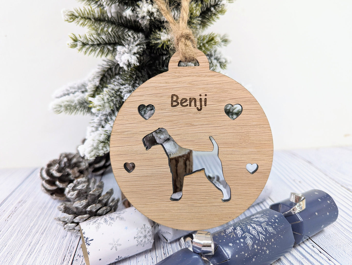 Personalised Airedale Terrier Christmas Bauble in Oak Veneer MDF - Rustic Jute String - Stars or Hearts Cut-Out - Airedale Terrier Gift