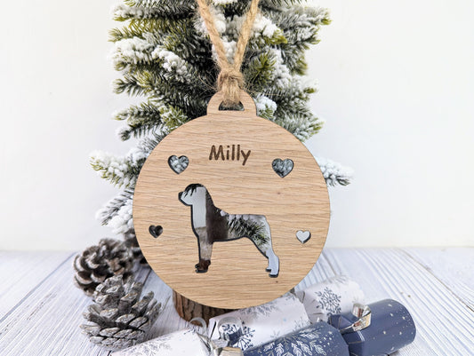 Personalised Rottweiler Christmas Bauble in Oak Veneer MDF - Rustic Jute String - Stars or Hearts Cut-Out - Rottweiler Gift