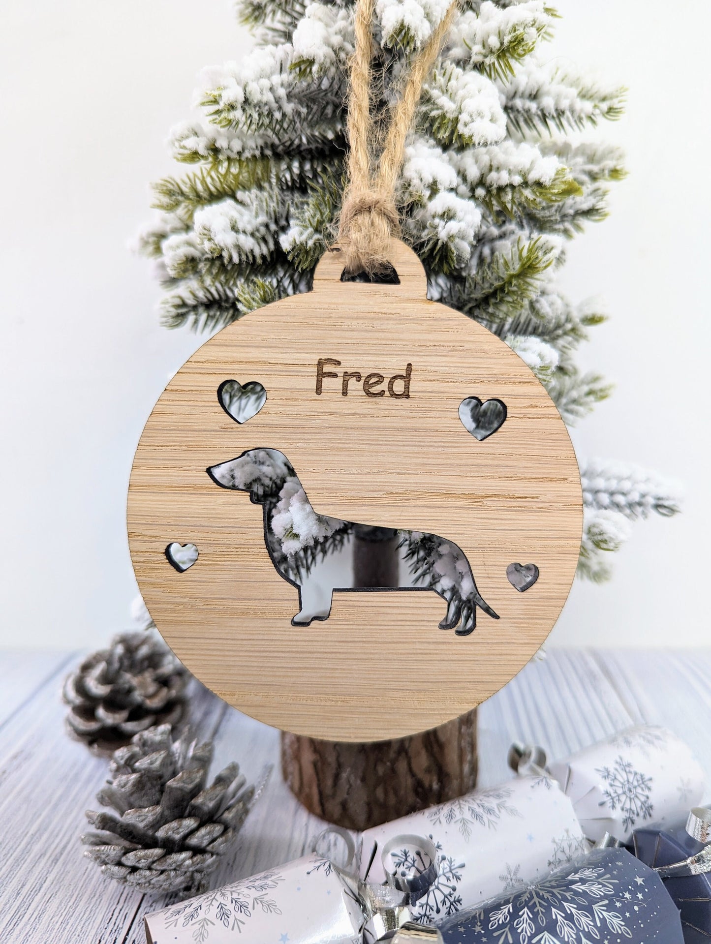 Personalised Dachshund Christmas Bauble in Oak Veneer MDF - Rustic Jute String - Stars or Hearts Cut-Out - Dachshund Gift