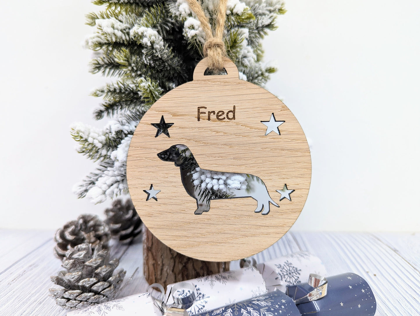 Personalised Dachshund Christmas Bauble in Oak Veneer MDF - Rustic Jute String - Stars or Hearts Cut-Out - Dachshund Gift