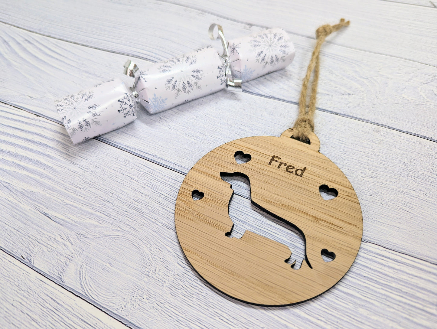 Personalised Dachshund Christmas Bauble in Oak Veneer MDF - Rustic Jute String - Stars or Hearts Cut-Out - Dachshund Gift