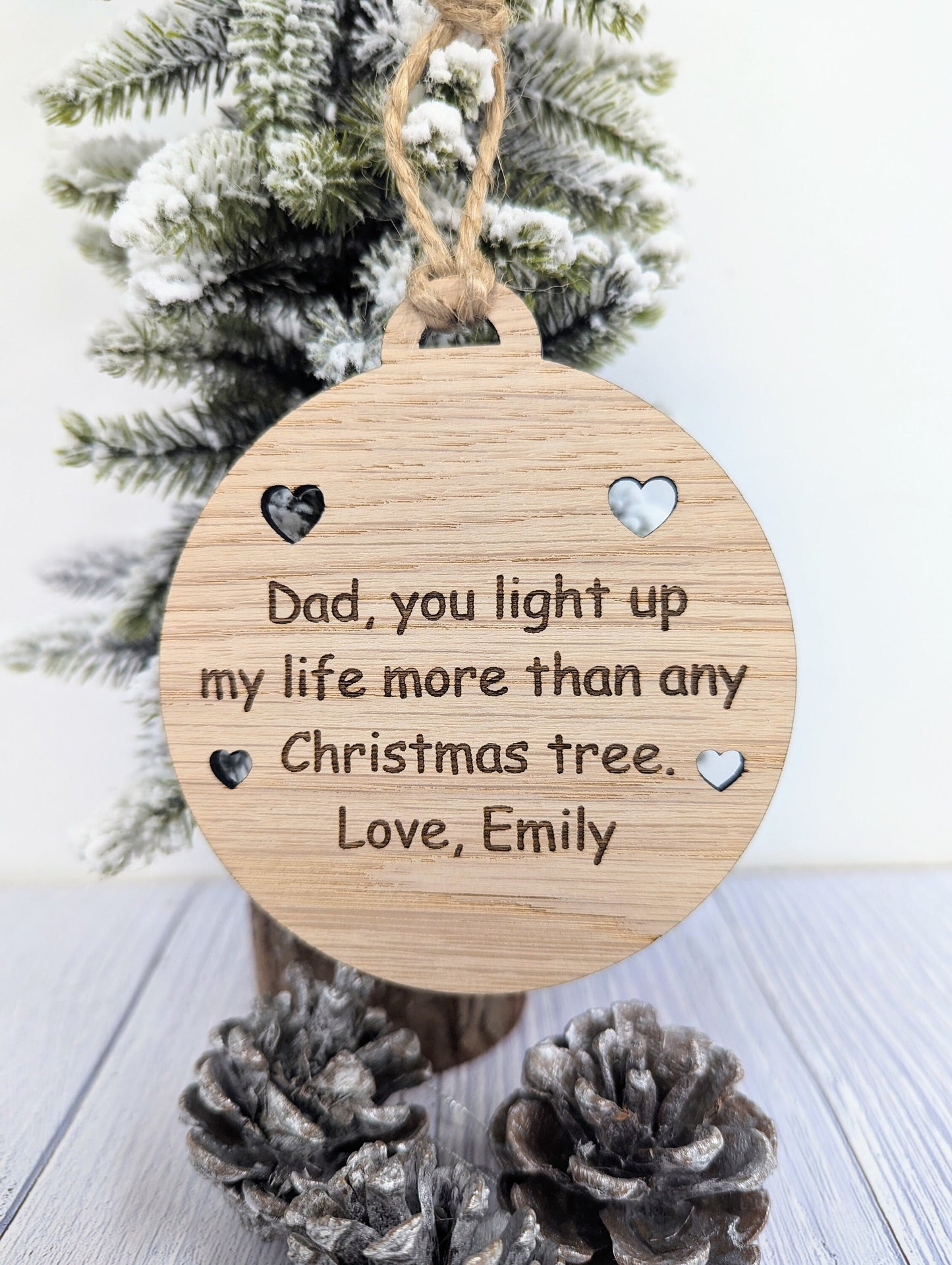 Personalised 'Message in a Bauble' Christmas Ornament - Heart or Star Cut-Outs - Oak Veneer - Rustic Jute String