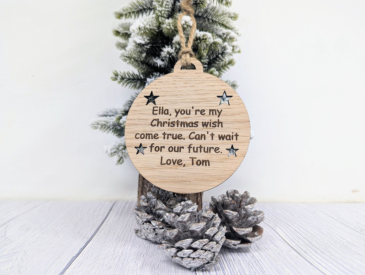 Personalised 'Message in a Bauble' Christmas Ornament - Heart or Star Cut-Outs - Oak Veneer - Rustic Jute String