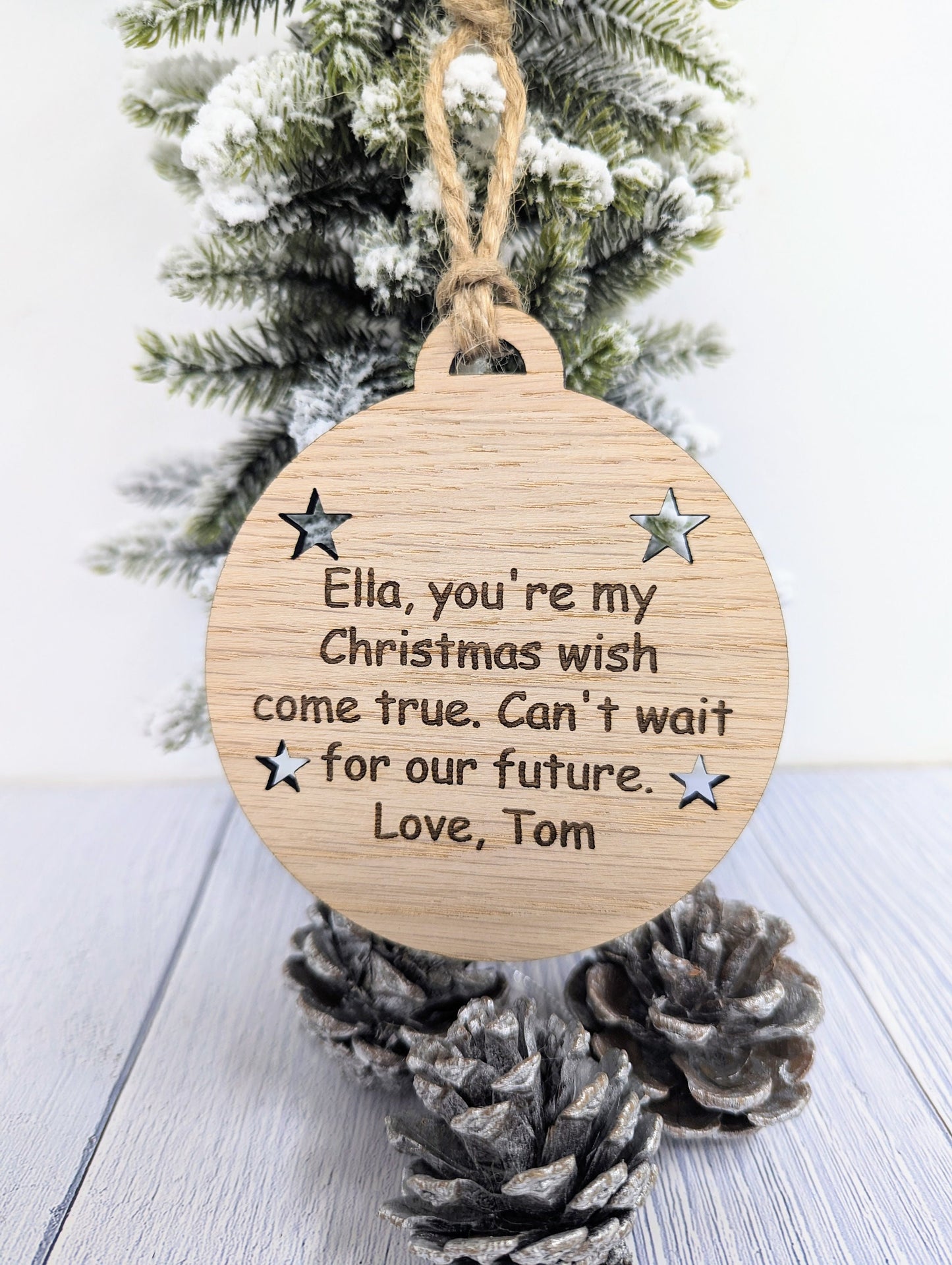 Personalised 'Message in a Bauble' Christmas Ornament - Heart or Star Cut-Outs - Oak Veneer - Rustic Jute String