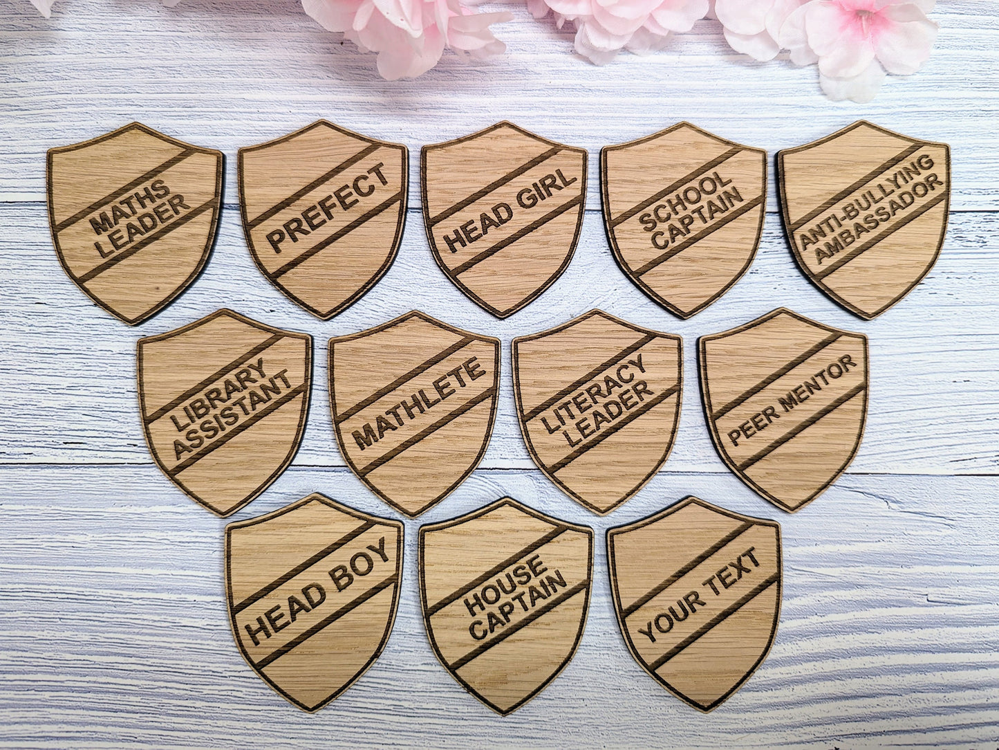 School Achievement Badges - 55x65mm - Oak Veneered MDF - Pin or Pin & Clip - Personalised or Pre-Designed Options for Students