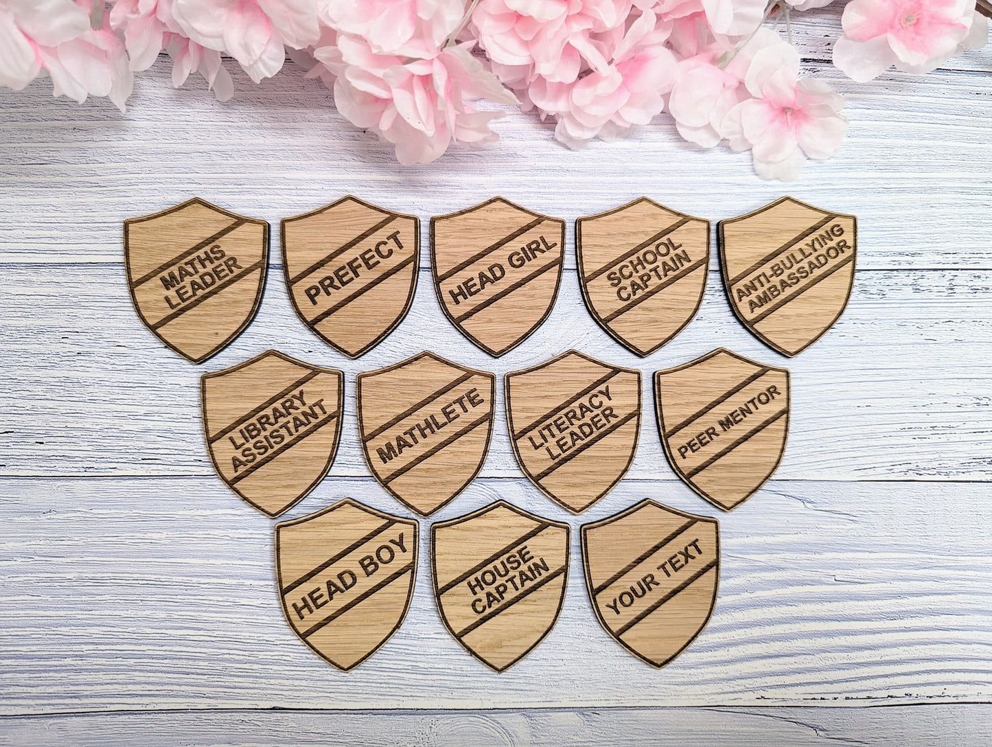 School Achievement Badges - 55x65mm - Oak Veneered MDF - Pin or Pin & Clip - Personalised or Pre-Designed Options for Students