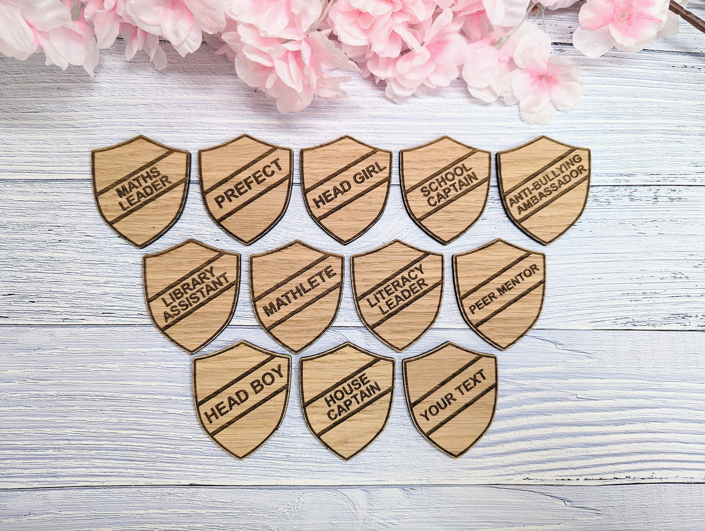 School Achievement Badges - 55x65mm - Oak Veneered MDF - Pin or Pin & Clip - Personalised or Pre-Designed Options for Students