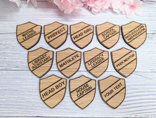 School Achievement Badges - 55x65mm - Oak Veneered MDF - Pin or Pin & Clip - Personalised or Pre-Designed Options for Students