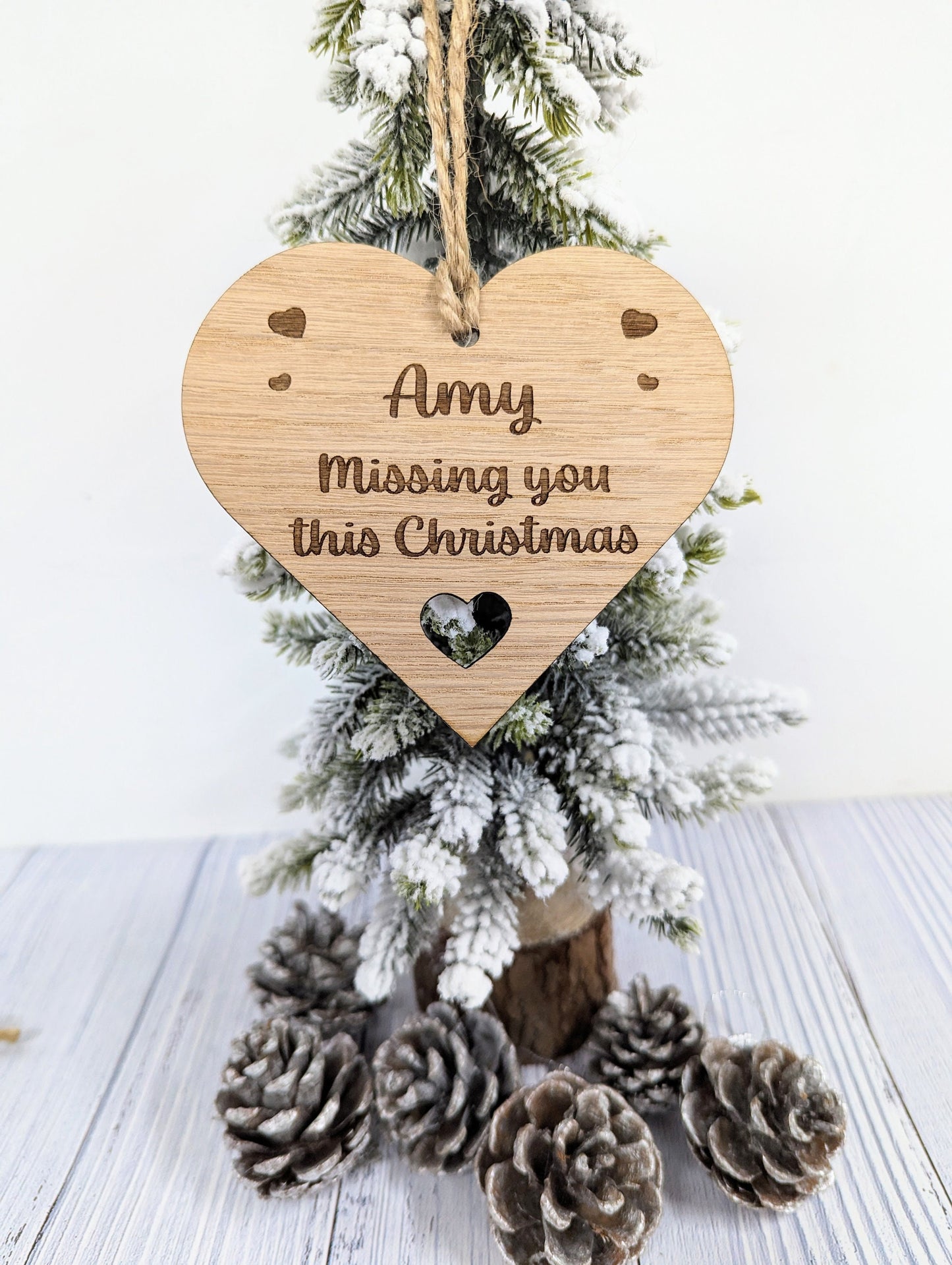 Personalised Oak Veneer Christmas Bauble with Custom Message and Rustic Jute String - Engraved Hearts