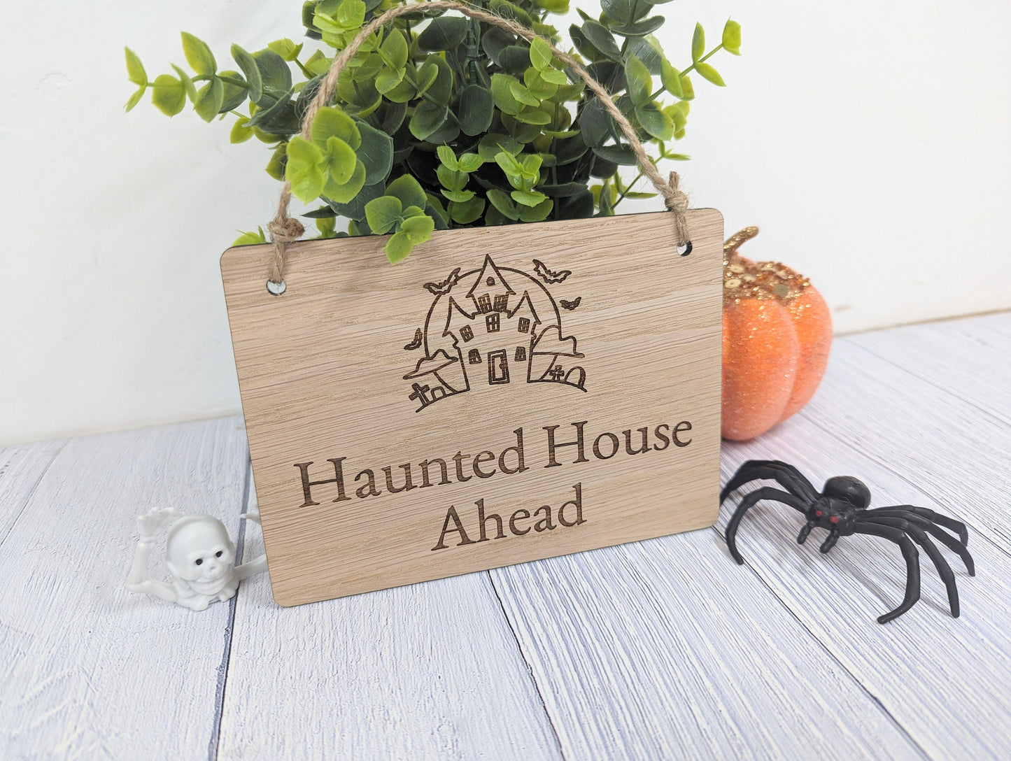 Personalised Halloween Wooden Sign with Haunted House Design - 'Haunted House Ahead