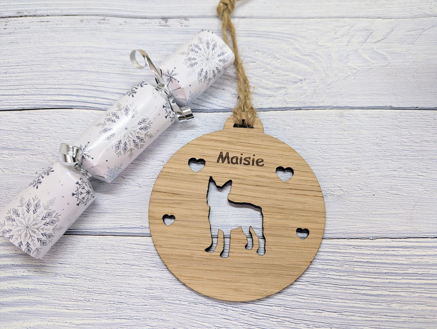 Personalised Boston Terrier Christmas Bauble in Oak Veneer MDF - Rustic Jute String - Stars or Hearts Cut-Out