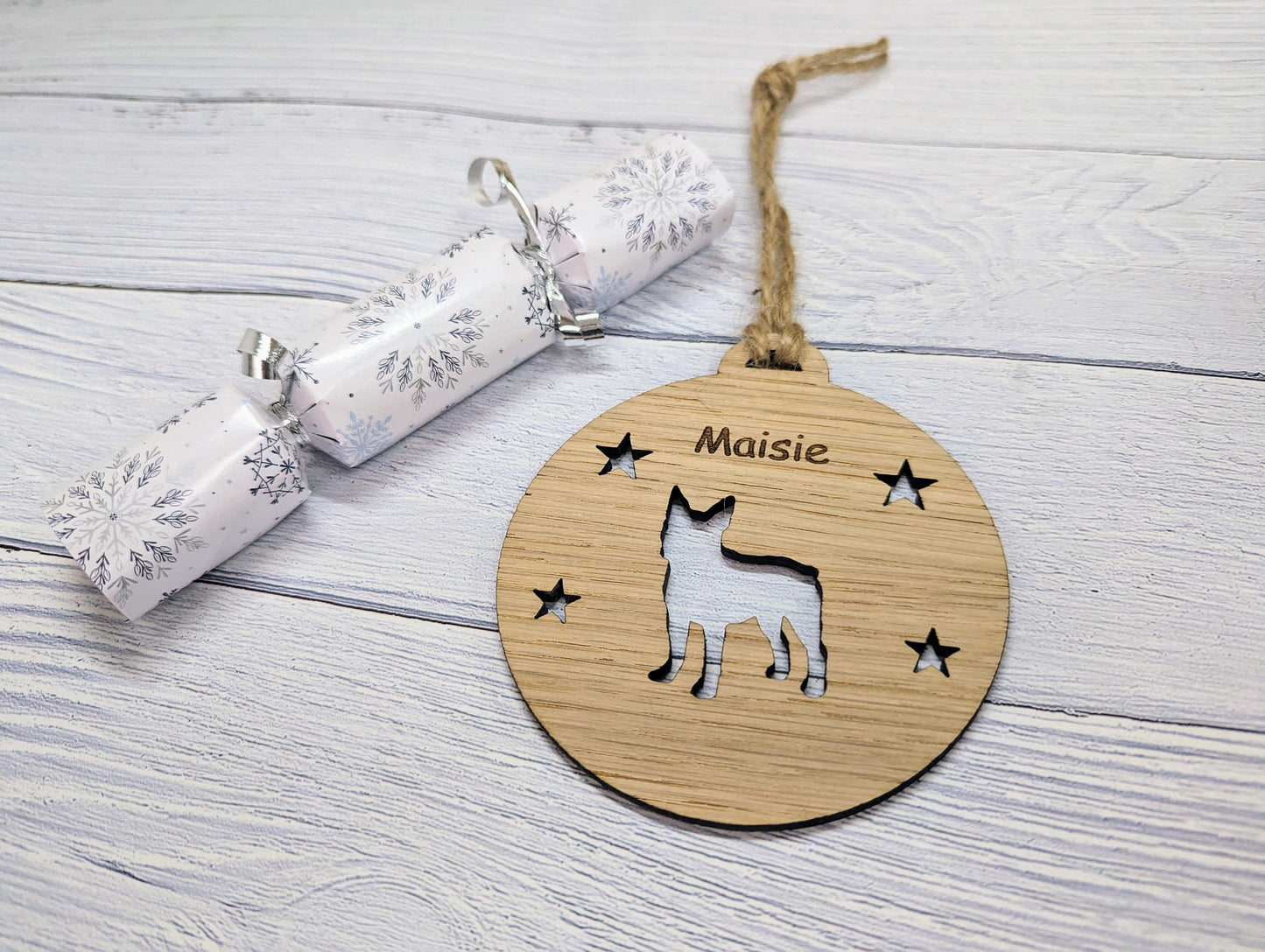 Personalised Boston Terrier Christmas Bauble in Oak Veneer MDF - Rustic Jute String - Stars or Hearts Cut-Out