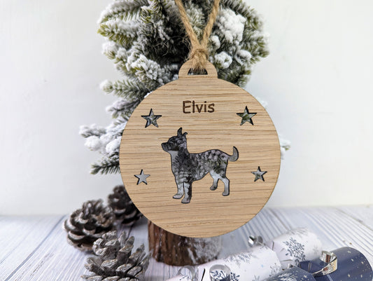 Personalised Chihauhua Christmas Bauble in Oak Veneer MDF - Rustic Jute String - Stars or Hearts Cut-Out - Chihauhua Gift