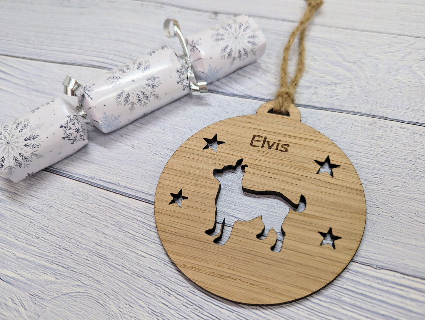 Personalised Chihauhua Christmas Bauble in Oak Veneer MDF - Rustic Jute String - Stars or Hearts Cut-Out - Chihauhua Gift