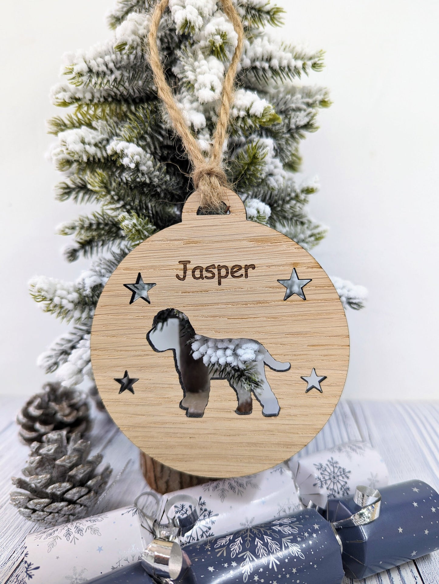 Personalised Cockapoo Christmas Bauble in Oak Veneer MDF - Rustic Jute String - Stars or Hearts Cut-Out - Cockapoo Gift