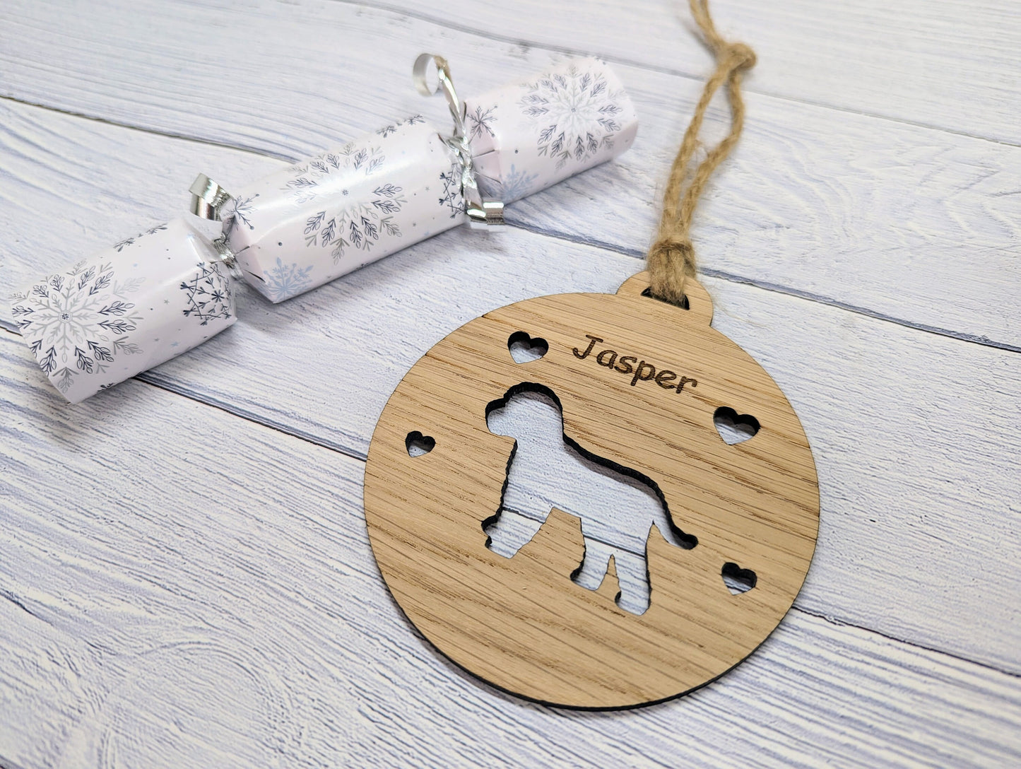 Personalised Cockapoo Christmas Bauble in Oak Veneer MDF - Rustic Jute String - Stars or Hearts Cut-Out - Cockapoo Gift