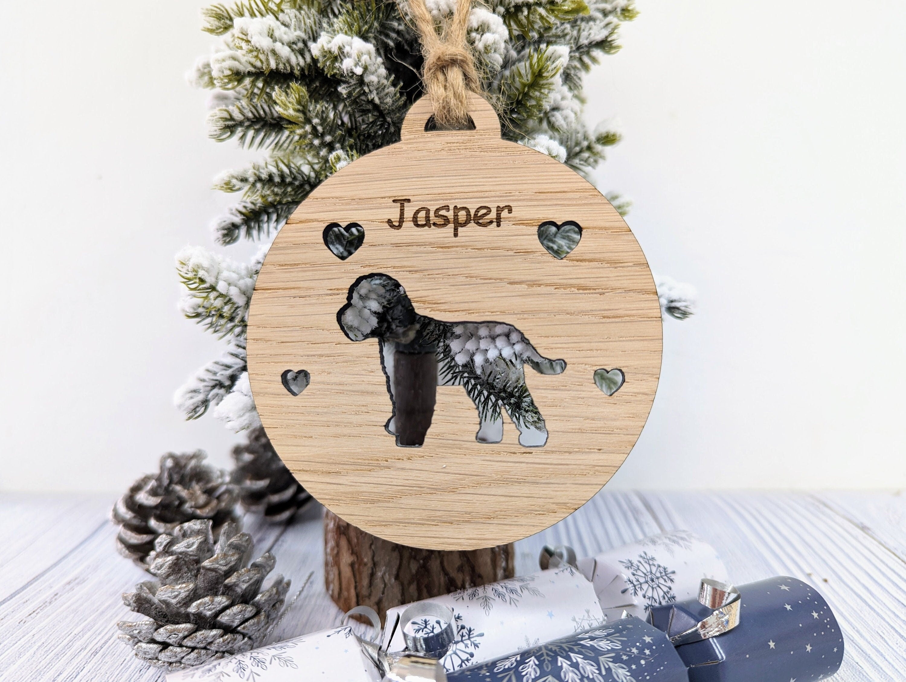 Personalised Cockapoo Christmas Bauble in Oak Veneer MDF - Rustic Jute ...
