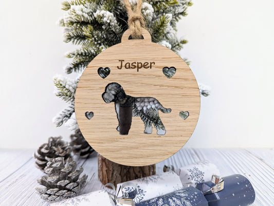 Personalised Cockapoo Christmas Bauble in Oak Veneer MDF - Rustic Jute String - Stars or Hearts Cut-Out - Cockapoo Gift