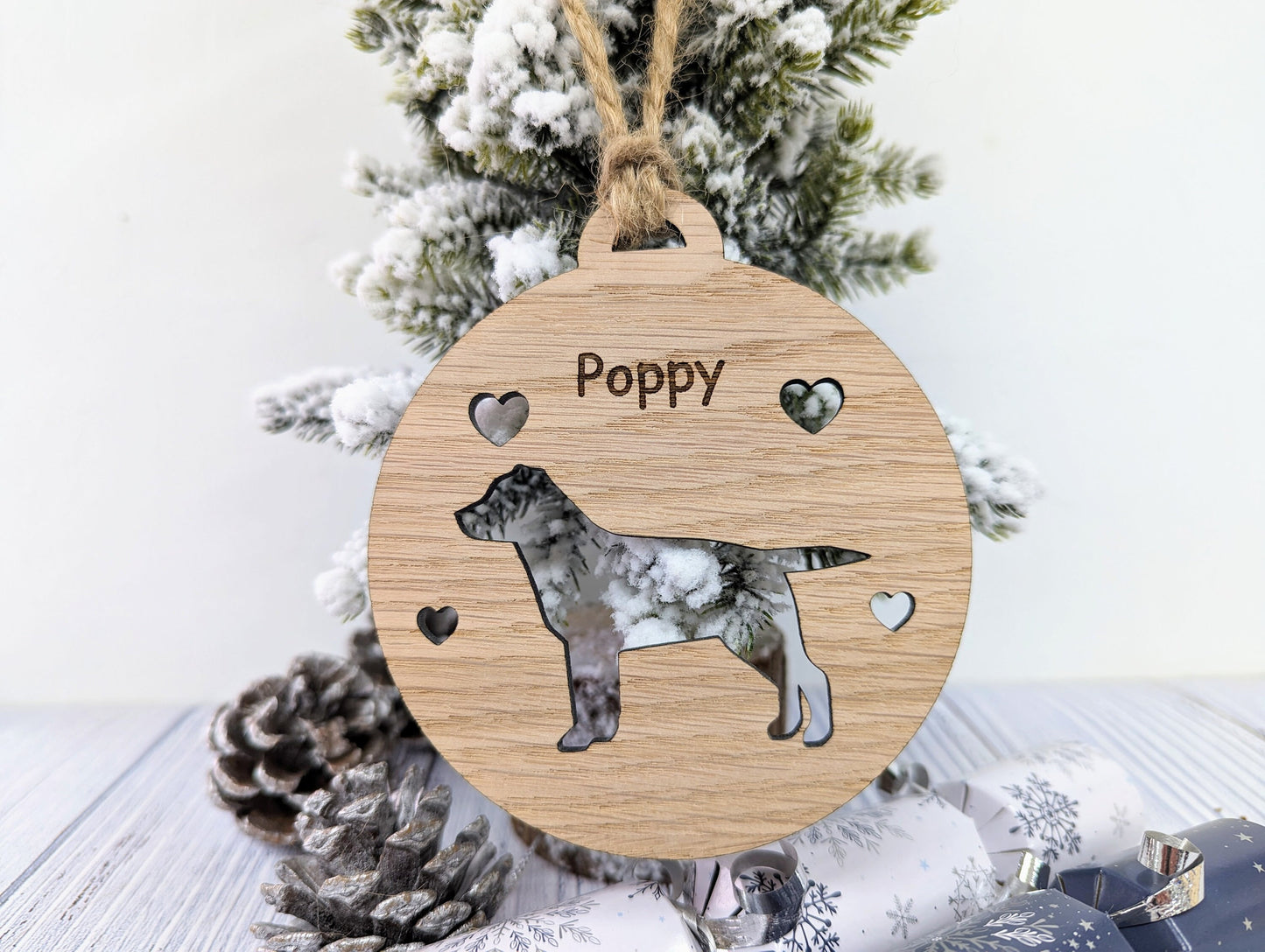 Personalised Labrador Christmas Bauble in Oak Veneer MDF - Rustic Jute String - Stars or Hearts Cut-Out - Labrador Gift