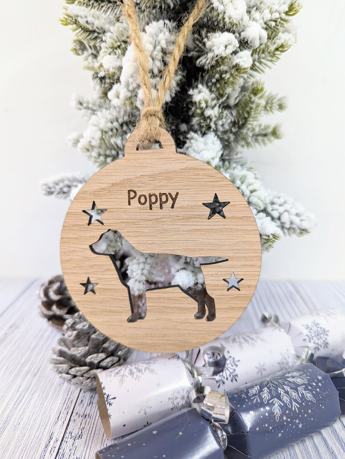 Personalised Labrador Christmas Bauble in Oak Veneer MDF - Rustic Jute String - Stars or Hearts Cut-Out - Labrador Gift