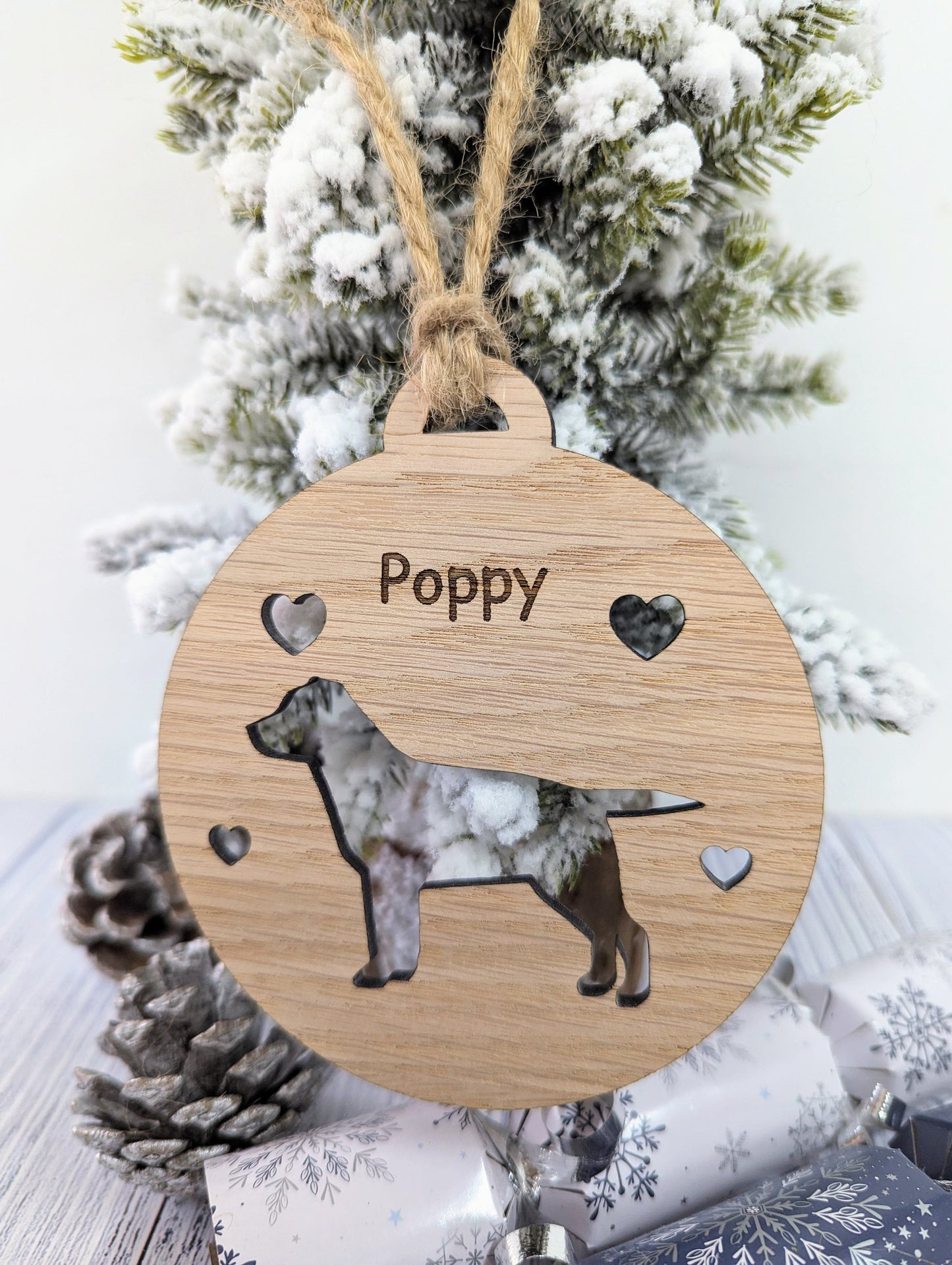 Personalised Labrador Christmas Bauble in Oak Veneer MDF - Rustic Jute String - Stars or Hearts Cut-Out - Labrador Gift