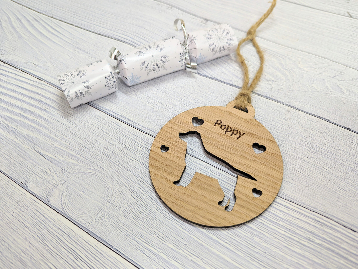 Personalised Labrador Christmas Bauble in Oak Veneer MDF - Rustic Jute String - Stars or Hearts Cut-Out - Labrador Gift